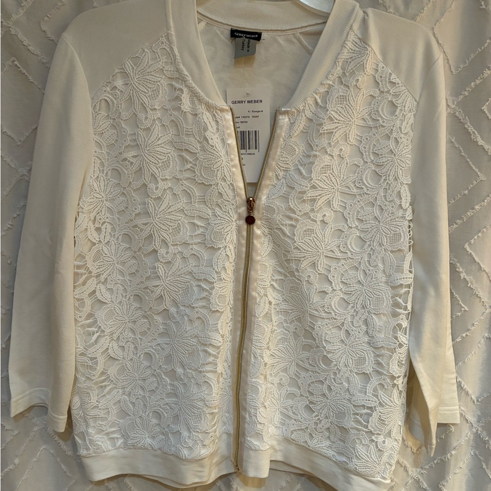 Gerry Weber Off White Lace Zip Dress Bomber Jacket with Gold Trim 10 NWT